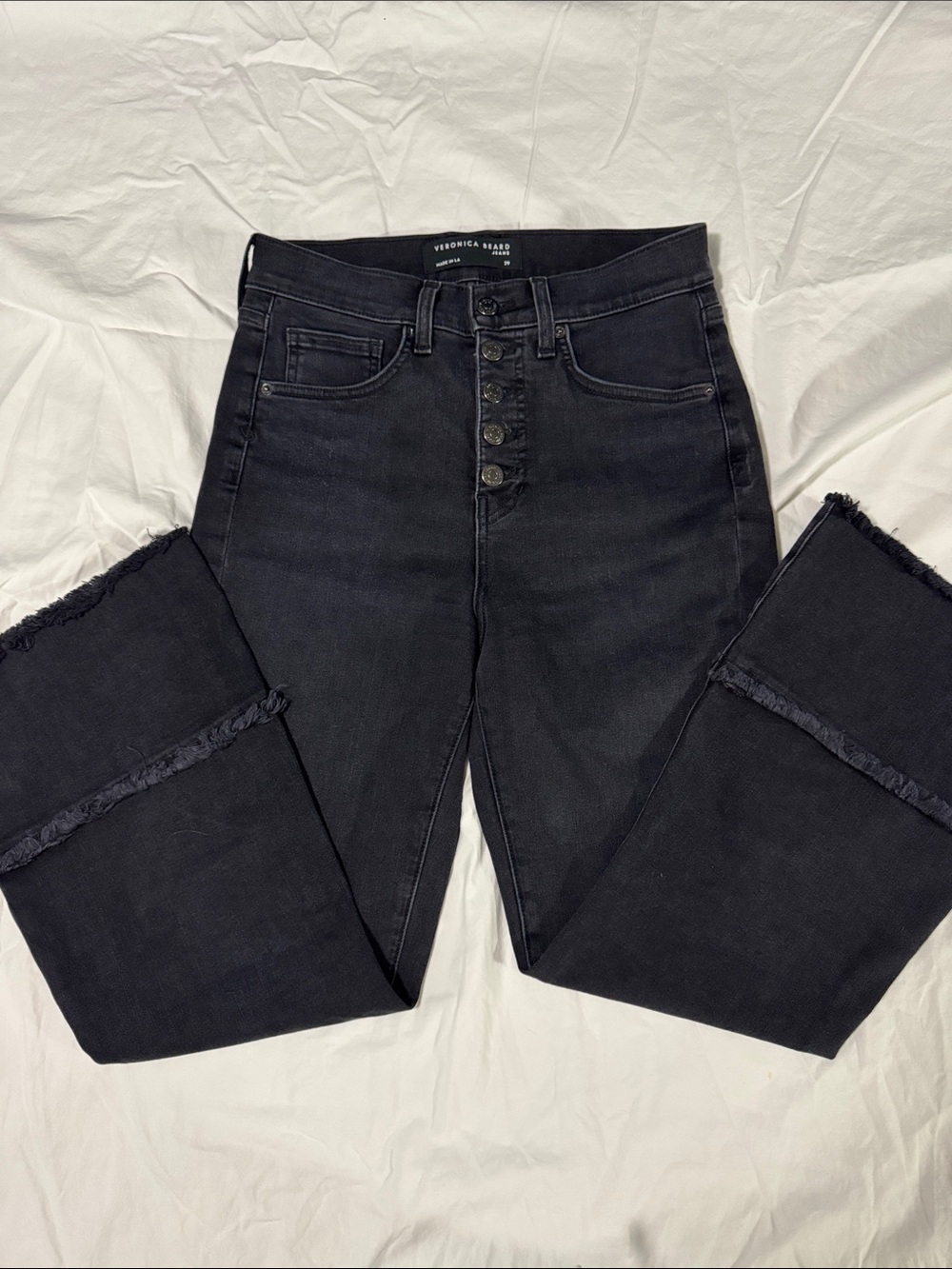 Veronica BeardCARSON ANKLE FLAREHigh-Rise Black Button-Fly Jeans with Frayed Hem